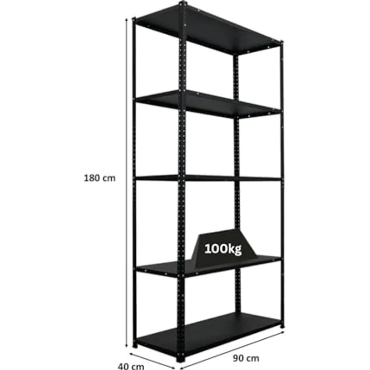 Proregal Metallregal Schraubregal Haldor, 180 x 90 x 40 cm, 5 höhenverstellbare Böden, Traglast 100 kg pro Boden, Schwarz – Bild 2