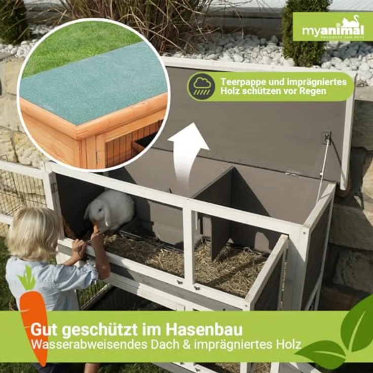 Miweba MyAnimal Hasenstall MH-20 | 120x51x105 cm - Kaninchenstall mit Freilaufgehege - Doppelstockhaus 2 Ebenen - Hasenkäfig - imprägniert - Kaninchenkäfig Winterfest - Indoor und Outdoor (Braun) – Bild 4