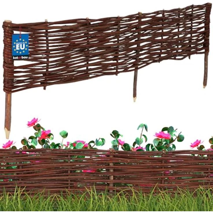 KOTARBAU® Beetbegrenzung Weidenzaun 120 x 20 cm, natürliche Beetumrandung aus brauner Weide, flexible Steckzaunlösung für Gartenbeete und Rabatten