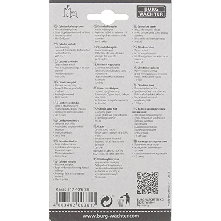 BURG-WÄCHTER Karat 217 40-6 SB Zylinder-Vorhangschloss, Bügelstärke: 6 mm, Bügelhöhe: 23,5 mm – Bild 6