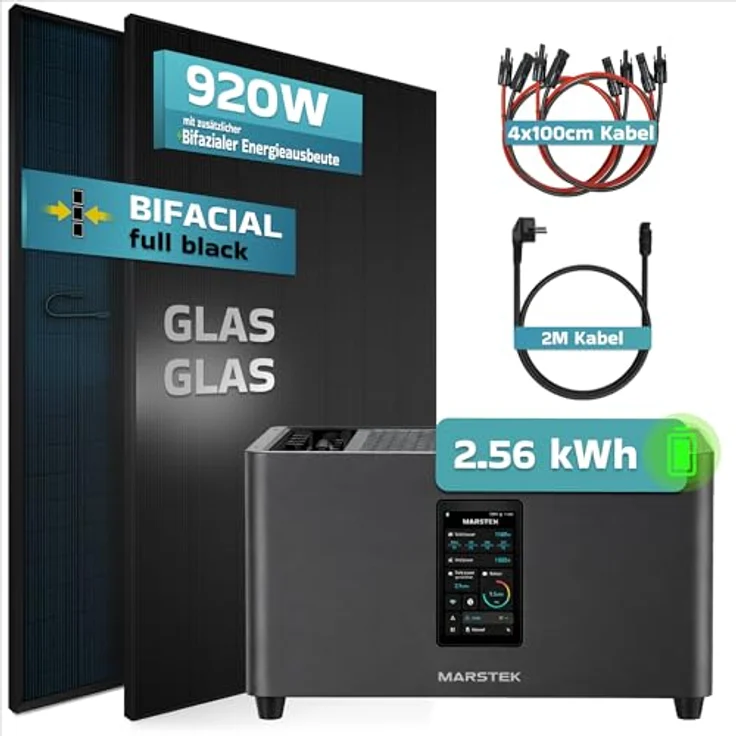 SUNNIVA® 920W Balkonkraftwerk mit 2,56 kWh Speicher MARSTEK Jupiter C, bifazial Full Black, kompletter PV Solaranlage-Steckdose, 2x 460W N-Type Glas-Glas Module – Bild 2
