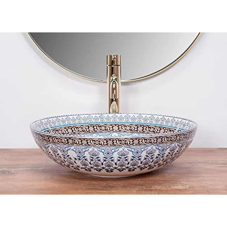 Rea Waschbecken Waschtisch Aufsatzwaschbecken Keramik Handwaschbecken Aufsatz Waschschale Blau Design Rund 40x40 – Bild 3