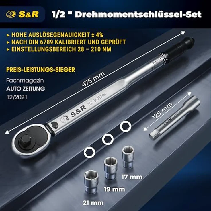S&R Drehmomentschlüssel 475mm, 1/2", 28-210 Nm, aus Chrom-Vanadium, Umschaltbare Ratsche mit bruchfesten Nüssen, TÜV geprüft, Set mit Verlängerung und Stecknüssen (17, 19, 21 mm) – Bild 2