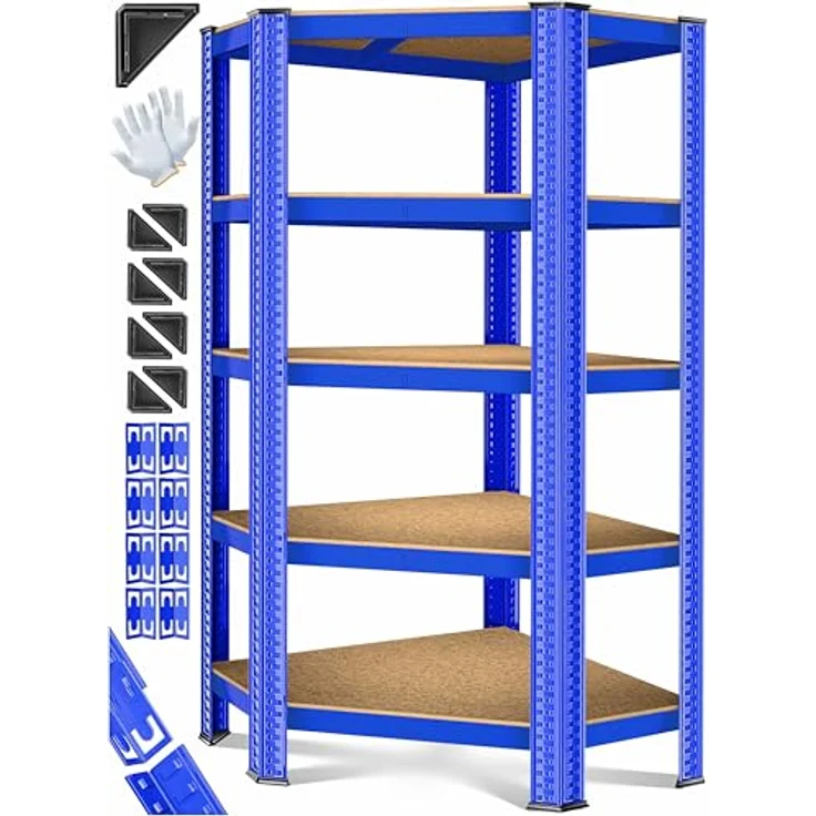 MASKO Eckregal Lagerregal Schwerlastregal, Kellerregal, 180x75x40cm , bis 875 kg, 5 verstellbare Ablagen, MDF-Platten Regal aus Metall, Steckregal, Werkstattregal, Keller, Garage Blau – Bild 2