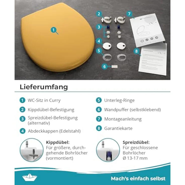 Calmwaters WC Sitz Premium Curry-Gelb, Absenkautomatik, antibakteriell, Duroplast, 250 kg Tragkraft, abnehmbar, Made in EU, 26LP6229 – Bild 8