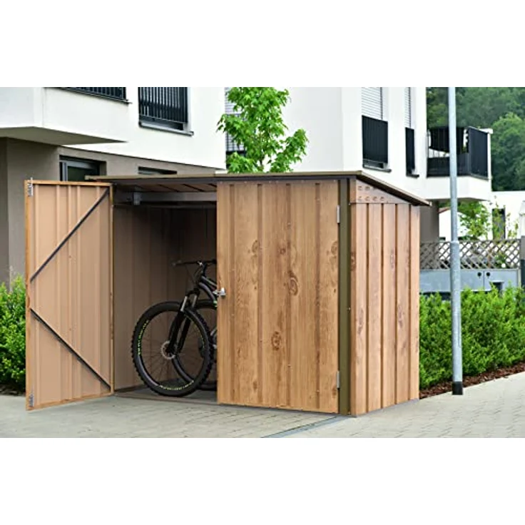 Duramax Fahrradschuppen für 2, Fahrradgarage mit komplett breiten, abschließbaren Doppeltüren, Lagerschuppen aus Metall, Gartenschuppen für Fahrräder, Fahrradaufbewahrung, fahrradbox, Holzmaserung – Bild 2