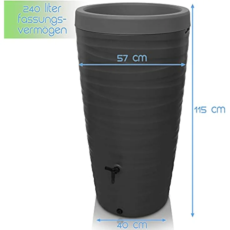 YourCasa Regentonne 240 Liter [Wave Design] Frostsicher aus Kunststoff - Regenwassertonne mit Wasserhahn (Anthrazit) – Bild 5