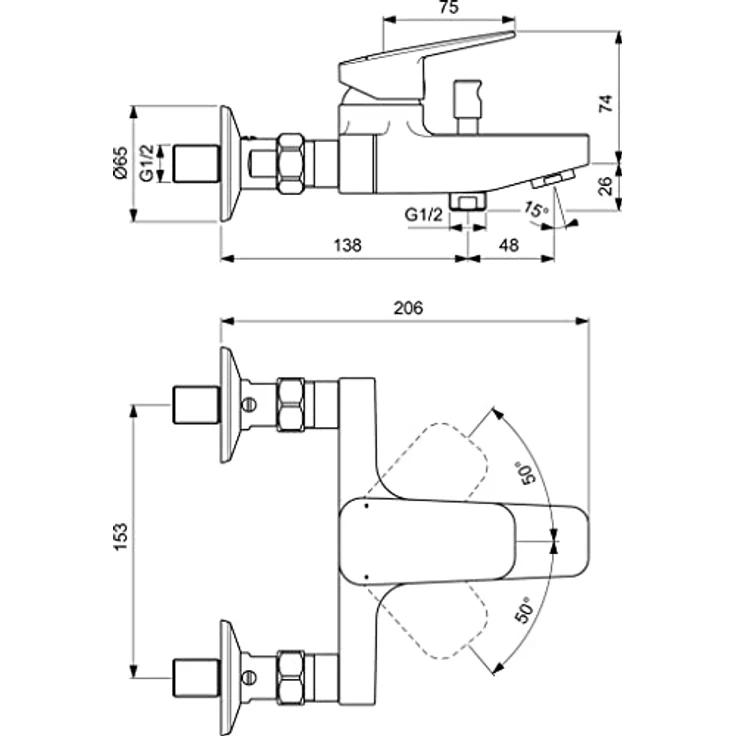 Ideal Standard Ceraplan, Badearmatur Aufputz in Chrom, Einhebelmischventil mit keramischer Kartusche und Easyfix-Befestigung, Schweizer Ausführung – Bild 5