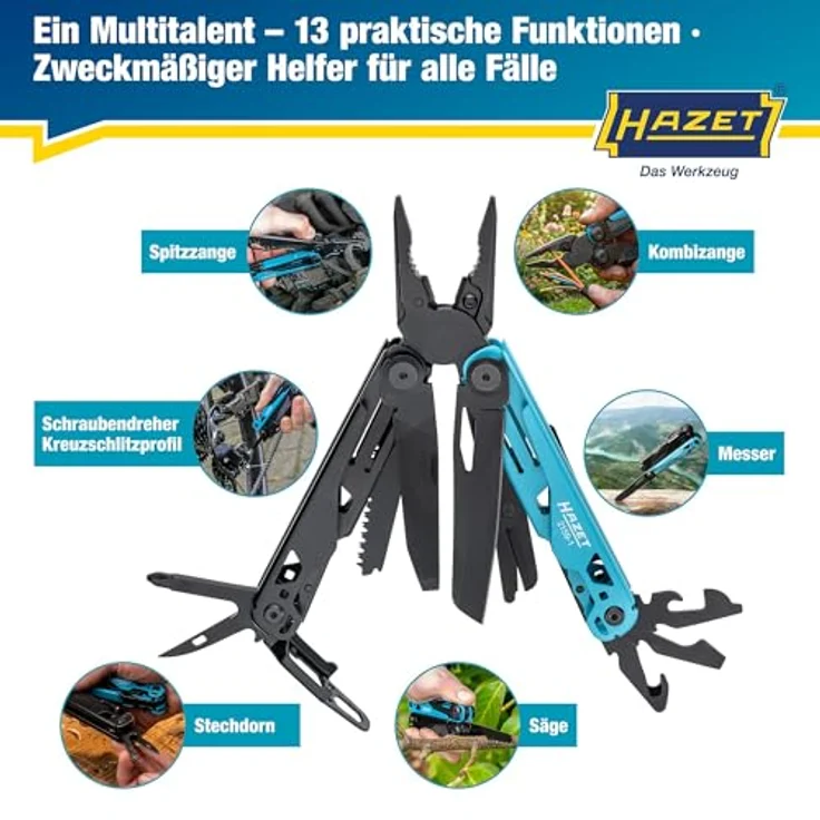 Hazet Multitool 13-in-1 2159-1, vielseitiges Zangenwerkzeug aus Edelstahl mit ergonomischem Griff und Gürtelclip für Fahrrad, Camping und Outdoor – Bild 3