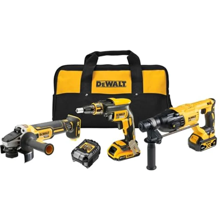 Dewalt Akku-Kombopack DCK308DM, 18 Volt, inklusive DCF620 Akku-Schnellschrauber, DCH133 Akku-Kombihammer und DCG405 Akku-Winkelschleifer, 1x 2,0/4,0 Ah Akku und Ladegerät – Bild 1