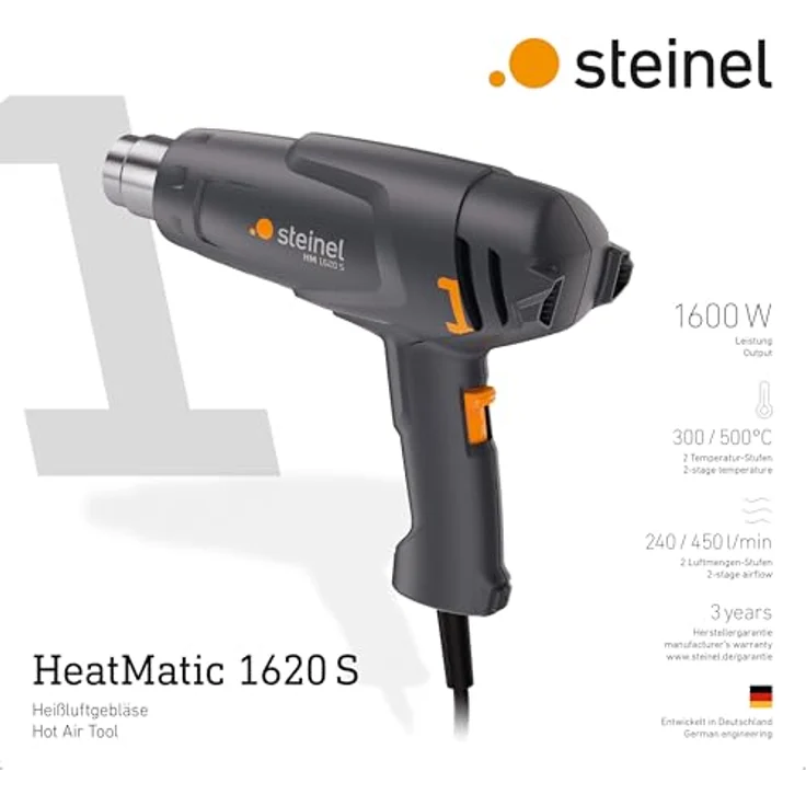 Steinel Heißluftgebläse HM 1620 S, 1600 W Heißluftföhn, Zwei Temperaturstufen 300°/500°C, Heißluftpistole zum Trocknen, Schrumpfen, Auftauen, schwarz – Bild 4