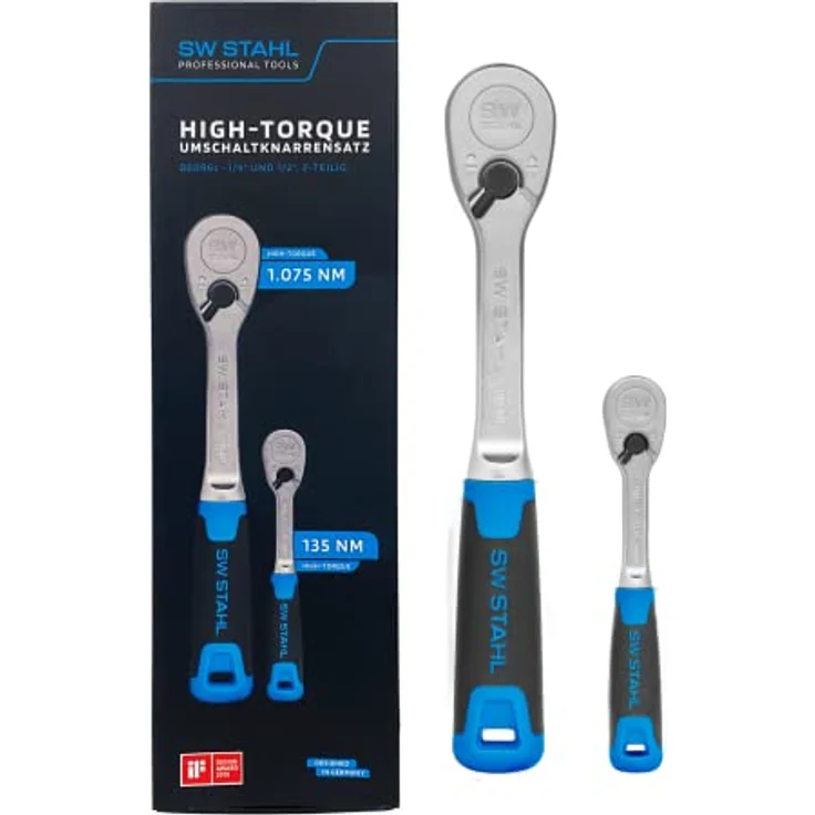 SW-Stahl 06096L Umschaltknarrensatz 2-teilig, 1/4 und 1/2 Zoll Ratsche bis 1.075 Nm, feinverzahnt mit 90 Zähnen, ergonomischer 2-Komponenten-Griff – Bild 2