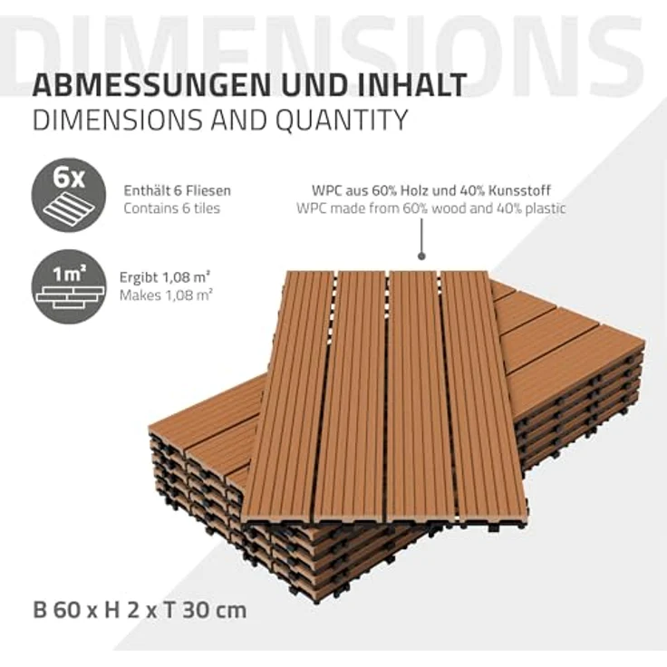 Terrassenfliesen 60x30 cm 6er Set für 1m² Hellbraun aus WPC – Bild 7