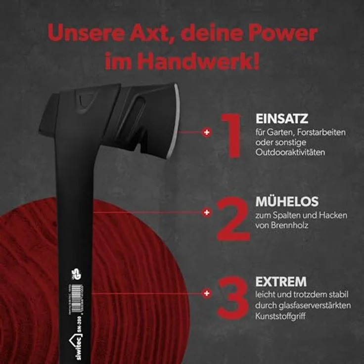 siwitec Axt SN-200 inkl. Klingenschutz, Spaltaxt mit 200 Gramm Kopfgewicht, Axt zum Holz spalten mit glasfaserverstärktem Kunststoff-Stiel und C45 Carbon Klinge, Spalthammer – Bild 3