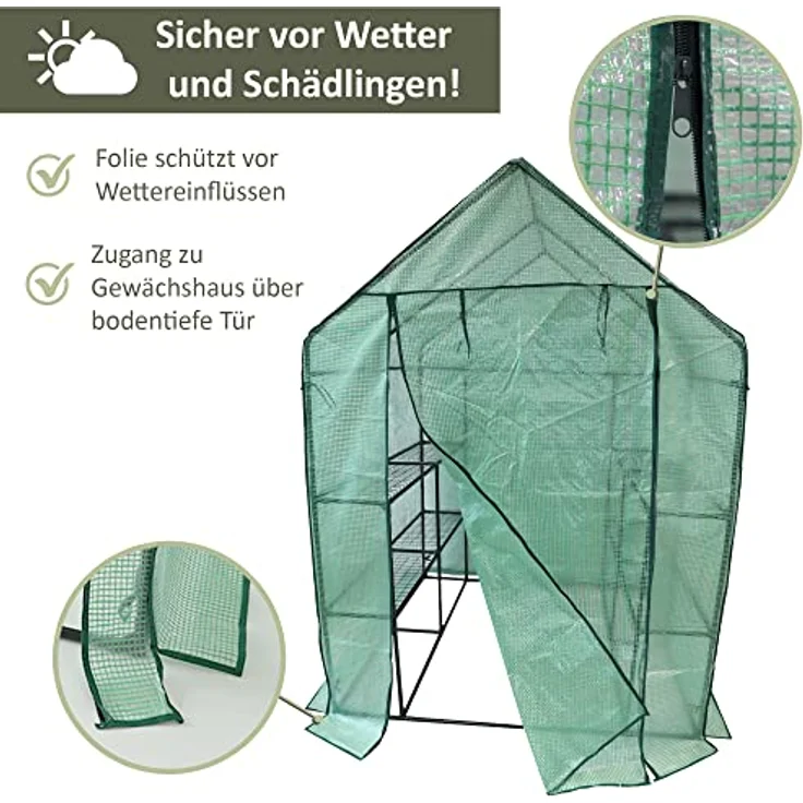 NATIV Foliengewächshaus | Tomaten Gewächshaus mit 8 praktischen Ablagen| Tomatenhaus aus robuster Gewächshausfolie | Treibhaus mit aufrollbarer Türe | Anzuchthaus 143 x 143 cm, 195 cm hoch – Bild 5