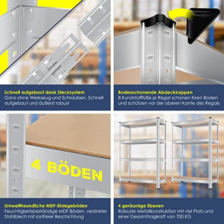MASKO 2er-Set Lagerregal Schwerlastregal, Kellerregal , bis 875 kg belastbar, 5 verstellbare Ablagen, MDF-Platten Regal aus Metall, Steckregal, Werkstattregal, Keller, Garage 2x 160x80x40cm 4-Böden, 2x Silber 700kg – Bild 4