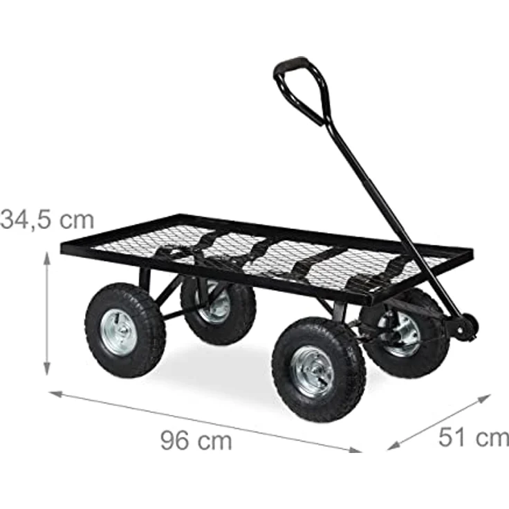 Relaxdays Handwagen flach, Stahl Bollerwagen mit Luftbereifung, bis 200 kg Tragkraft, schwarz, HxBxT: 34,5 x 51 x 96 cm – Bild 4
