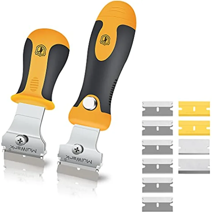MulWark Mehrzweck-Mini-Rasierschaber-Set mit Schutzklingenabdeckung und 10 extra Klingen Reinigungswerkzeug zum Abkratzen von Etiketten, Aufklebern, Dichtungen, Lack von Glas, Herd, Unterboden, 2 Stück