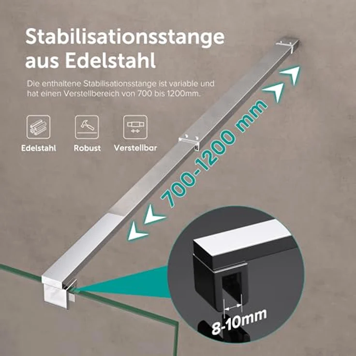 doporro Walk-in-Dusche Duschwand für Dusche Duschkabine Duschabtrennung 10mm ESG NANO, Einscheibensicherheitsglas, rechteckig, Klarglas, Edelstahl Stabilisatoren, variabler Wandabstand 70-120 cm – Bild 4