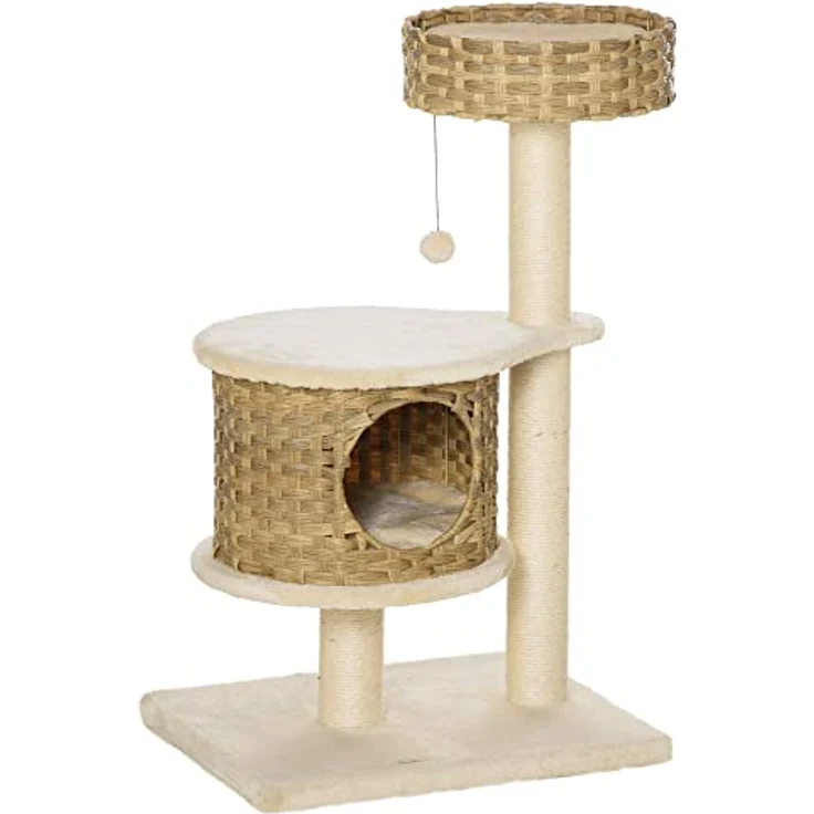 PawHut Kratzbaum Rattan Katzenbaum Kletterbaum mit Katzenhöhle Sisalstämmen Spielbälle Katzenmöbel Höhe 95 cm Sisal Natur+Beige – Bild 1