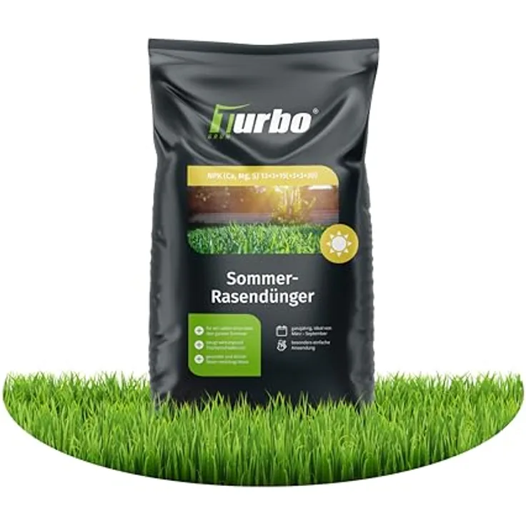 TURBOGRUEN Turbogrün Rasendünger Sommer 20kg, mineralischer Dünger NPK 11/3/15, staubarmes Granulat, ideal für Streuwagen, fördert gesundes Wachstum und verdrängt Moos