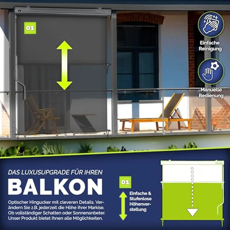tillvex Senkrechtmarkise 160 x 250 cm für Außen- und Innenbereich | Aluminium Balkonrollo wasserfest mit Handkurbel | UV-Schutz 50+ | Grau – Bild 2