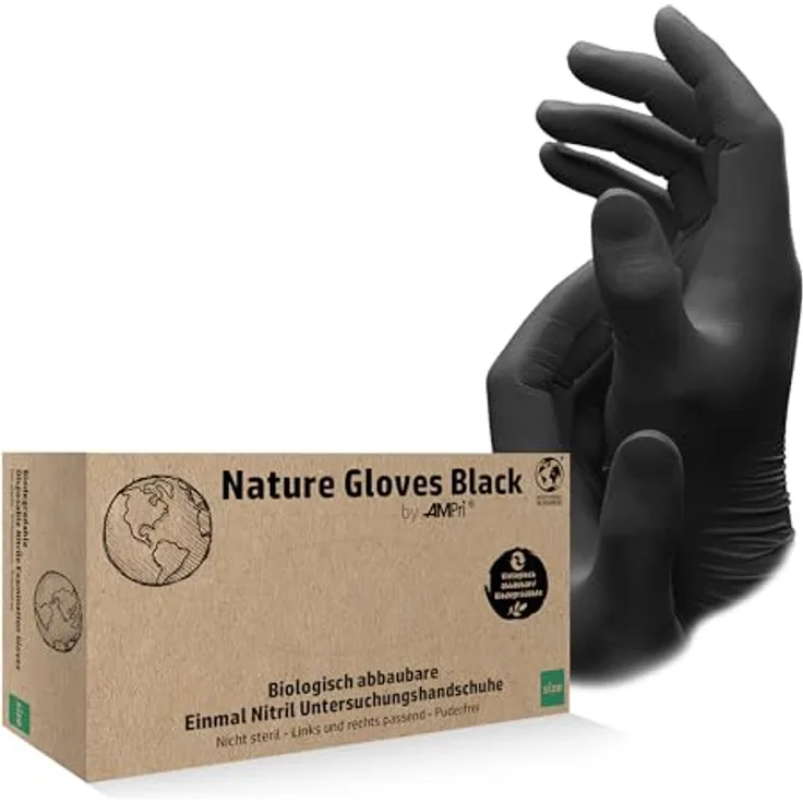 AMPri Biologisch abbaubare Nitrilhandschuhe, schwarz, 100 Stück/Box, Größe S, puderfrei, Nature Gloves by Med-Comfort: Nitril Einmalhandschuhe, XS-XL verfügbar