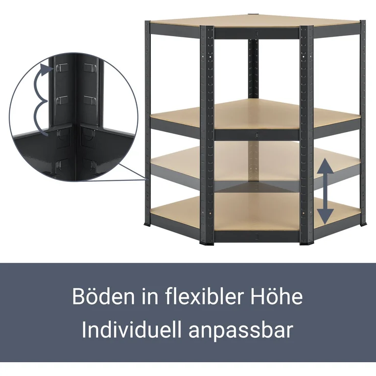Juskys Eckregal Lageregal Corner Basic 180 x 70 x 40-70 cm | 875 kg | 5 Böden | Metall verzinkt | Schwerlastregal Steckregal Kellerregal Grau – Bild 5