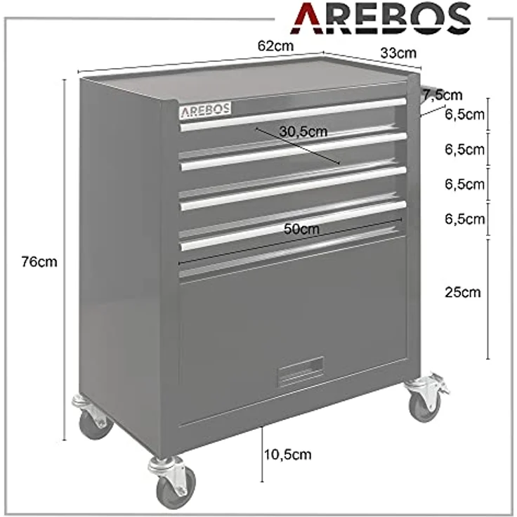 Werkstattwagen Werkzeugwagen Rollwagen Toolbox 4 Schubladen kugelgelagert - Schwarz - Arebos – Bild 5