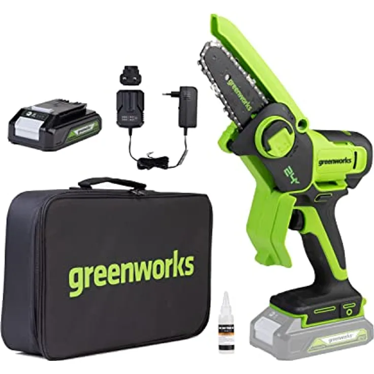 Greenworks G24MCS10K2, 24 Volt Mini Akku Kettensäge mit 450 Watt, Akku und Ladegerät, leicht und handlich