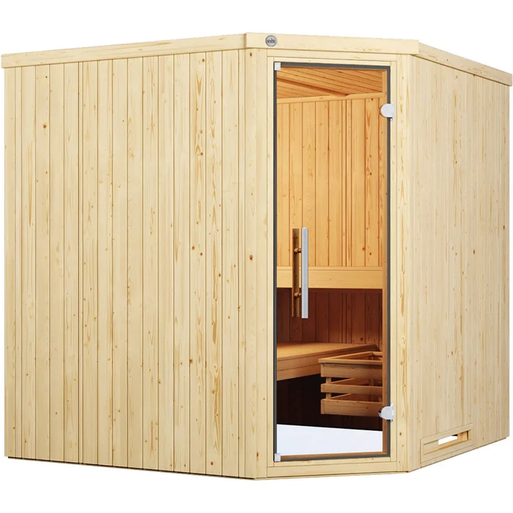 Weka Sauna Element-Ecksauna VARBERG 3, 38mm, moderne Ganzglastür, weiß lasiert