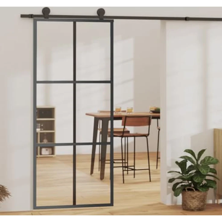 vidaXL Schiebetür mit Beschlag ESG-Glas Aluminium 90x205cm, geräuschloses Schiebetürsystem mit Soft-Stopp-Funktion, transparent – Bild 2