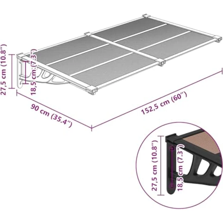 vidaXL Türvordach Schwarz 152,5x90 cm Polycarbonat, wetterfest und korrosionsbeständig – Bild 4