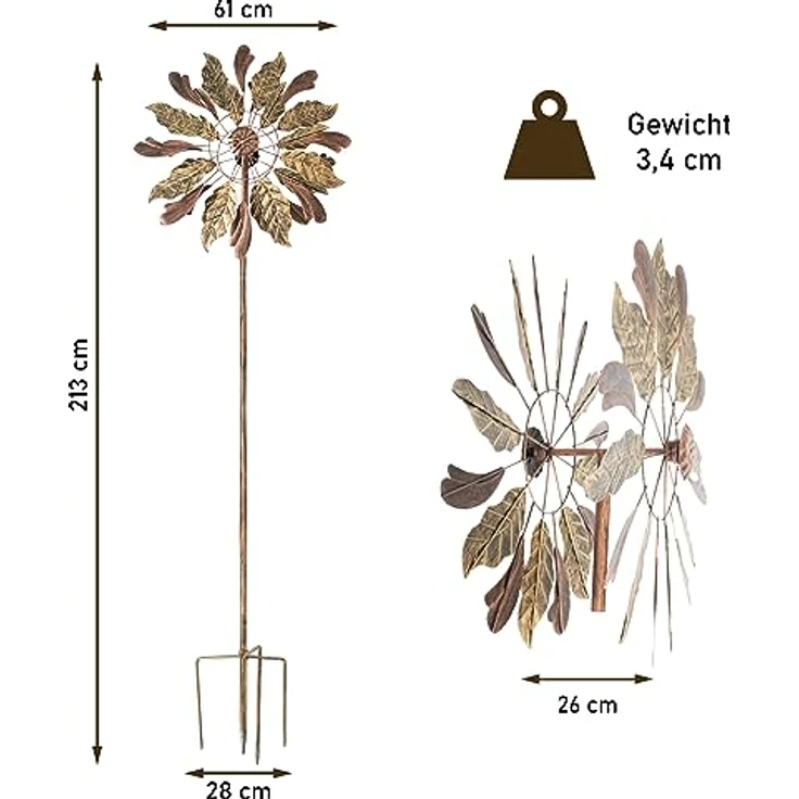 LEMODO Windrad Leaves mit gegenläufigen Rotoren | Gartendeko 213 cm hoch | Windmühle in Kupferoptik | Windskulptur mit Charme | Gartenstecker als Garten-Highlight – Bild 3