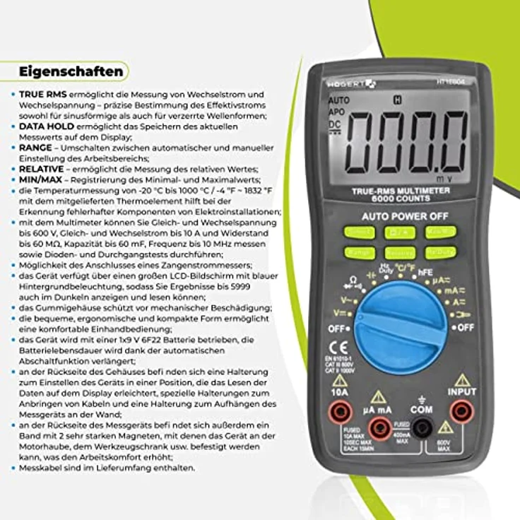 Högert Technik - Multifunktionales Digitales Messgerät I RMS I LCD-Bildschirm I Gummiummantelung I Ergonomisch und Kompakt I Inklusive Messkabel I HT1E604 – Bild 3