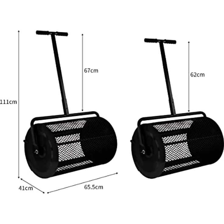 T-Mech 66cm Kompoststreuer Saatgutstreuer Schwarzer Torfmoosstreuer Gartenstreuer Düngerstreuer Roller mit T Griff Verlängerbarer Griff 80L Maschenkorb Leichtgewichtig GRATIS Handschuhe – Bild 4