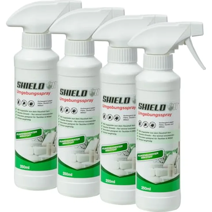 ShieldOn Umgebungsspray 4X 250 ml, Hochwirksames Insektizid gegen Flöhe, Zecken und Milben, ungiftig und langanhaltend