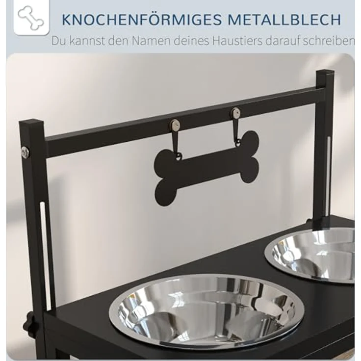 PawHut Erhöhtes Futterstation mit 0,9L Futterschale, Verstellbarer Hundenapf aus Edelstahl, Futternapf mit Futterständer, knochenförmiger Metallplatte, für alle Hundegrößen, Schwarz – Bild 3