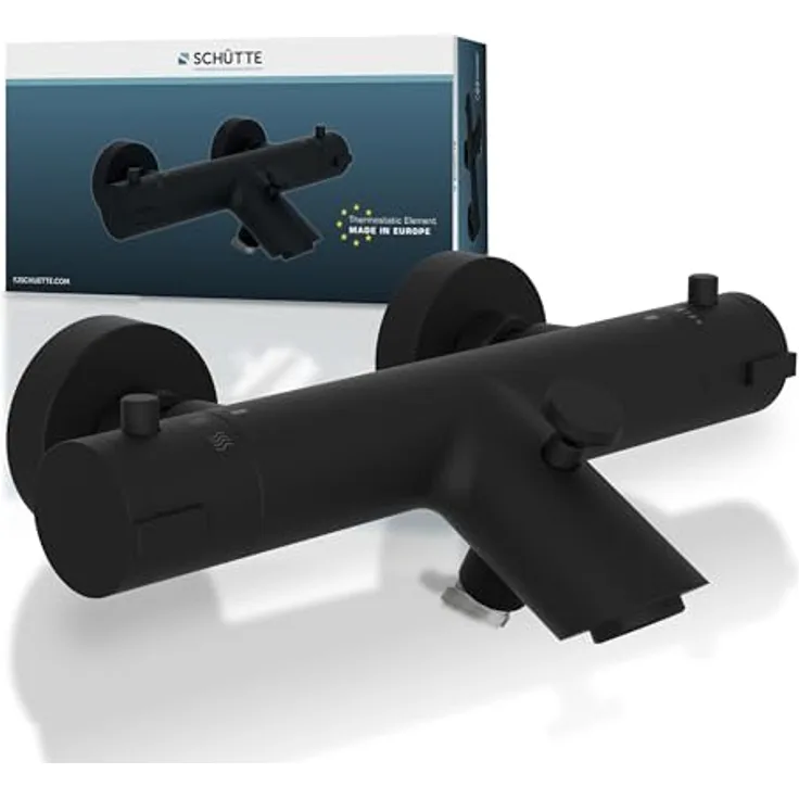 Schütte London Thermostatische Badarmatur, Hartafstand 150 mm, Zwart Mat, mit Eco-Stopp-Funktion und Temperatursperre