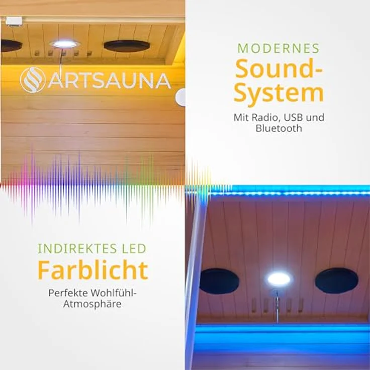 Artsauna Infrarotkabine Kiruna90 Dual Technologie, BxTxH: 90 x 90 x 190 cm, für 1 Personen, Hemlockholz, HiFi-System, Bluetooth, LED-Farblicht, Natur – Bild 4
