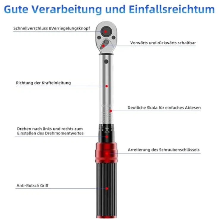 Mucola Drehmoment-Schlüssel Set 1/4" 3-25Nm, mit 72 Zähne Wende Ratschenkopf, inkl. Bits, Verlängerungsstange und Arbeitshandschuhe, ±3% Fehlergenauigkeit – Bild 4