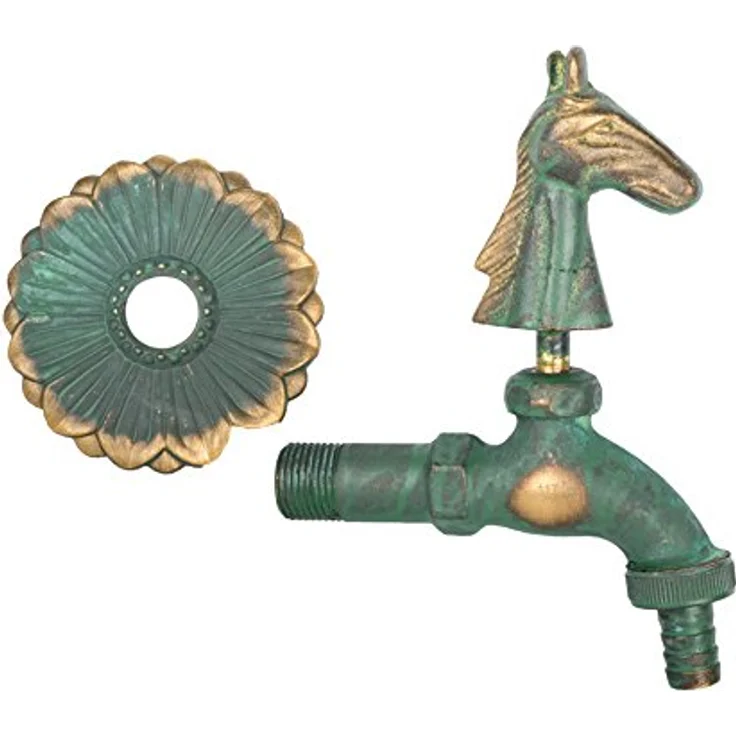 Boni-Shop Nostalgie Auslaufventil Wasserhahn, Pferdkopf Motiv patiniert, Messing massiv, 1/2" Wandanschluss inkl. Wandrosette – Bild 3