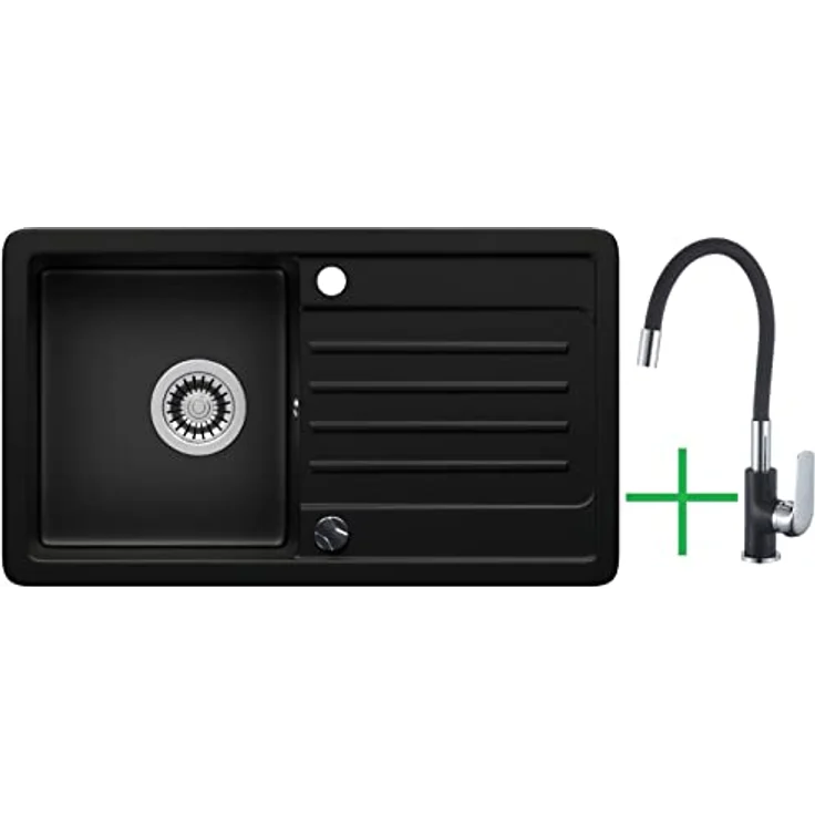 Lindbergh Spülen Rein Schwarz Granit Spüle mit Armatur "VEL44 + 1-Tubo" + Siphon Einbauspüle Küchenspüle Spülbecken + DREHEXCENTER - MADE IN GERMANY (3. Spüle VEL44 + Armatur 1-Tubo) – Bild 1