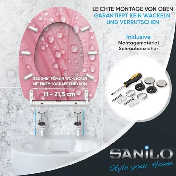 Sanilo WC Sitz Pink Flower, Toilettendeckel mit Absenkautomatik aus hochwertigem Holz, antibakterielle Oberfläche, für alle gängigen WC-Becken – Bild 6