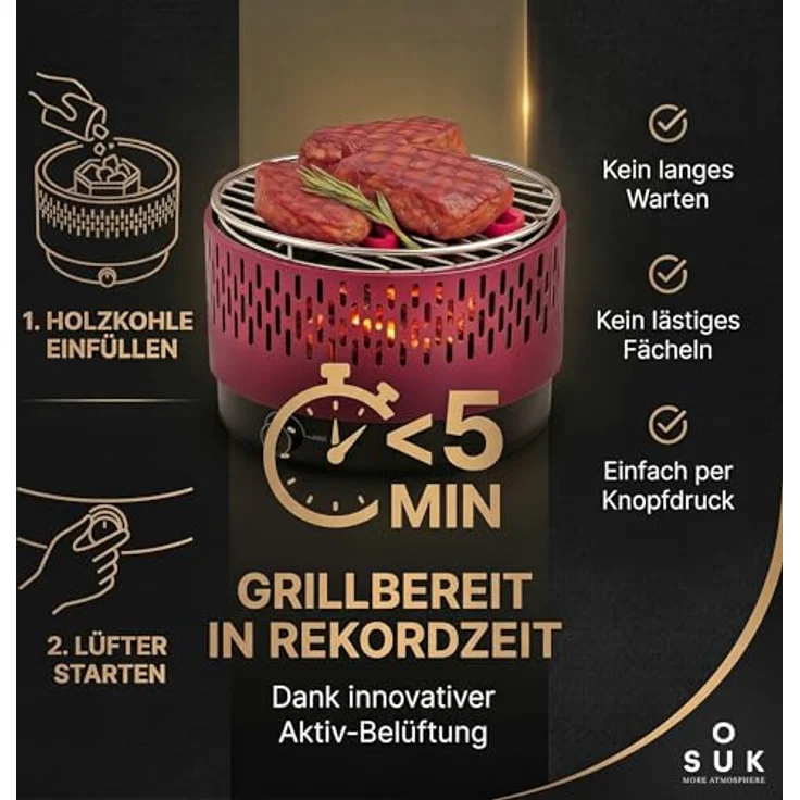 SOUK ONE Tischgrill mit Aktivbelüftung, Holzkohlegrill Grill mit Lüfter, Campinggrill BBQ Outdoor (Rot) – Bild 4