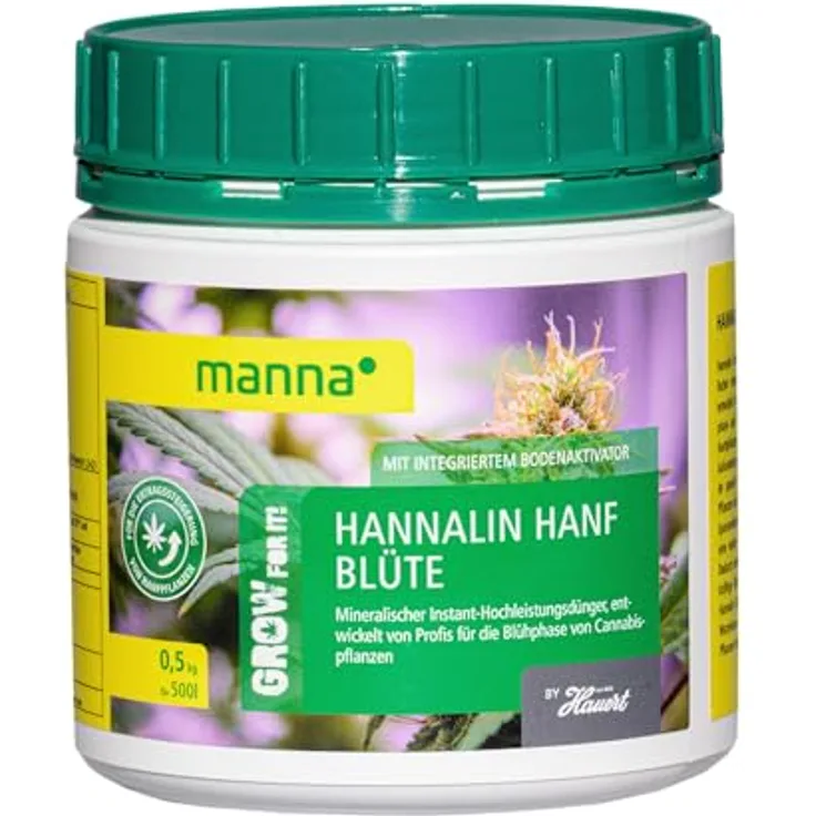 Manna Hannalin Blüte, Profi Nährsalz für die Blütephase der Hanfpflanze, NPK-Dünger 8-16-24, 500 g für 500 Liter Gießwasser