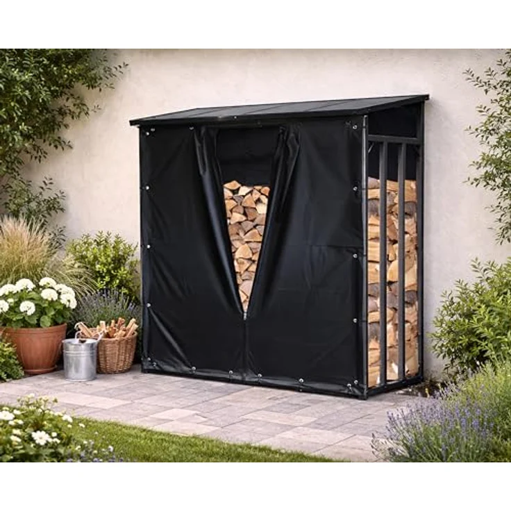 QUICK STAR Wetterschutz Set Front- & Rückwand für Kaminholzregal, 143 x 185 cm, wetterfestes Polyester, Schwarz, inklusive Spanngummis – Bild 5