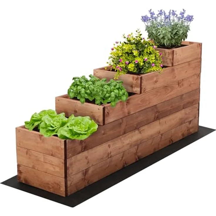 MODO24 Hochbeet Holz 4-stufiger Pflanzkasten, mit Gartenvlies, einfache Montage, 54x30x120 cm, Farbe: Braun