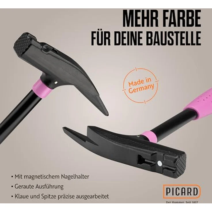 Picard Latthammer Pink Edition, Nr. 626M 760g geraut | Magnetischer Nagelhalter | GS-geprüft & VPA-zertifiziert | Korrosionsgeschützt | Ergonomischer Griff | 32cm Länge | Made in Germany seit 1857 – Bild 2