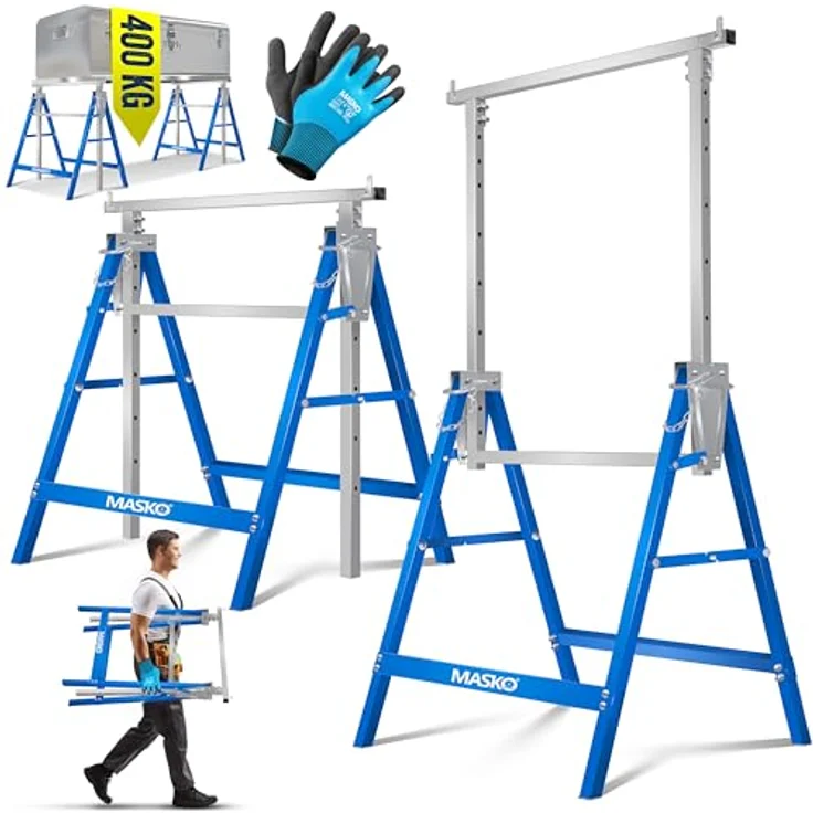 MASKO® Teleskop-Arbeitsbock, klappbar, max. Belastbarkeit 200 kg, höhenverstellbar 800-1300 mm, inkl. rutschfester Arbeitshandschuhe, blau – Bild 1